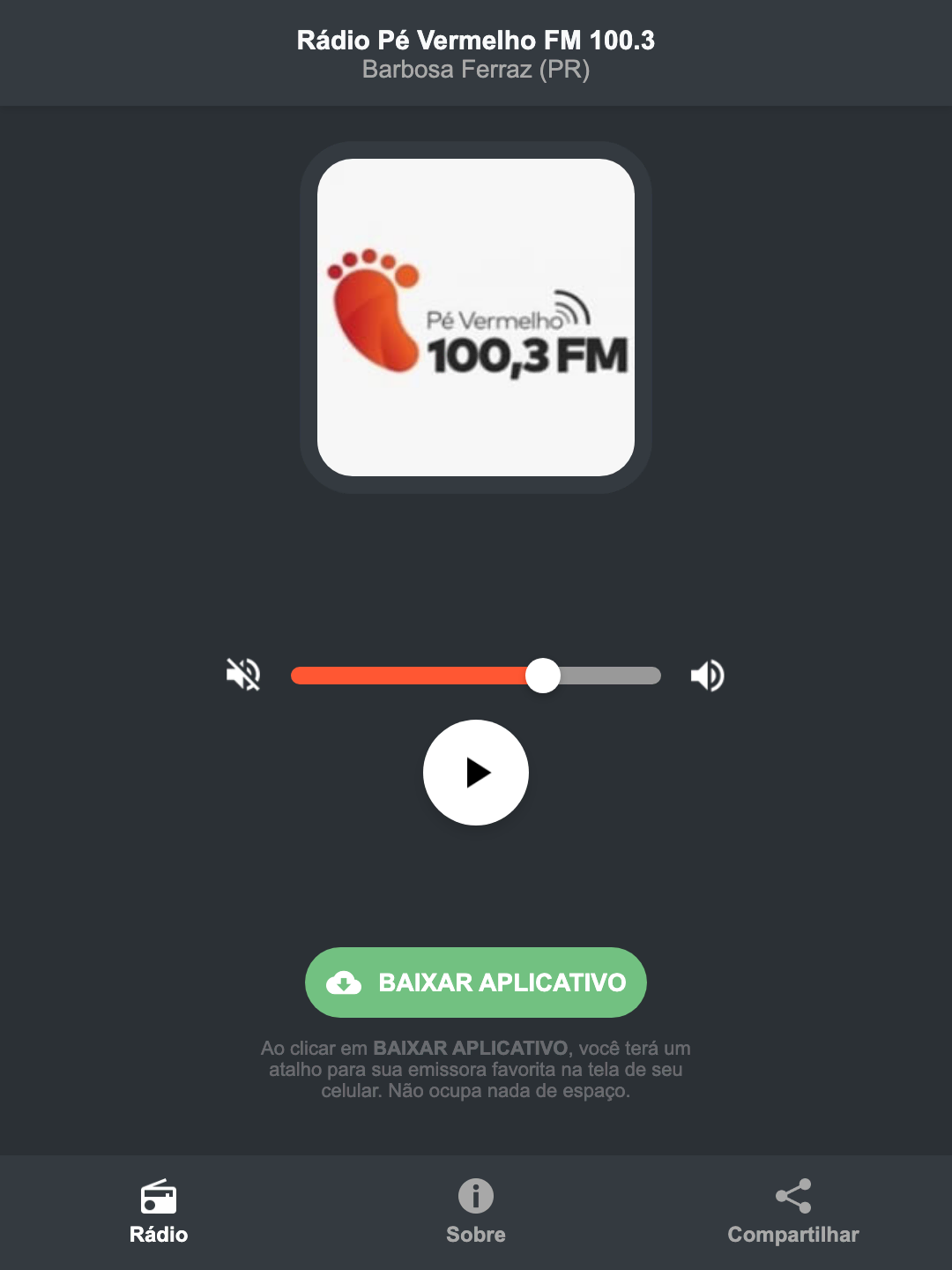 Screenshot do aplicativo da Rádio Pé Vermelho FM 100.3