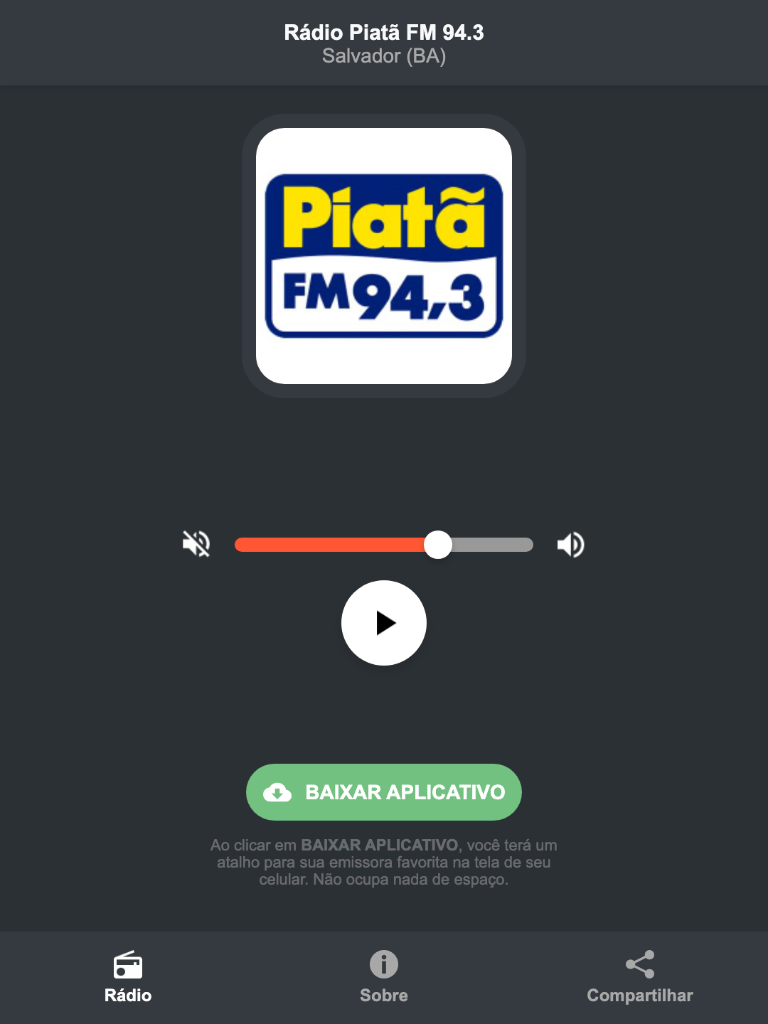 Screenshot do aplicativo da Rádio Piatã FM 94.3