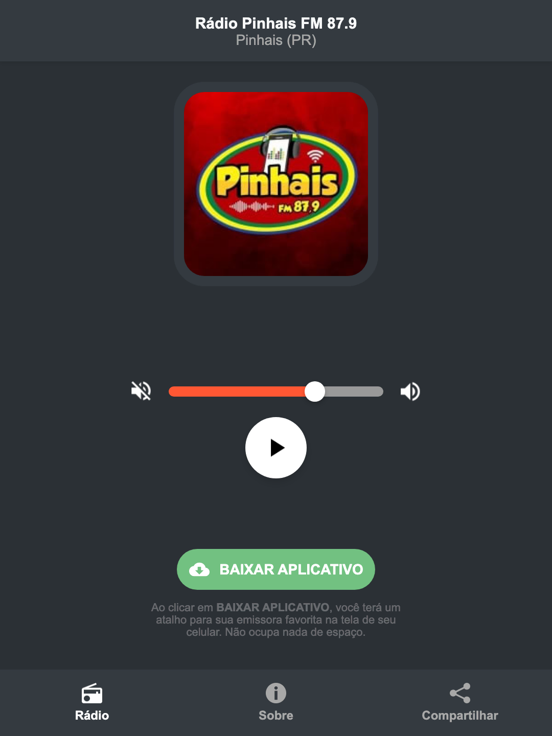 Screenshot do aplicativo da Rádio Pinhais FM 87.9