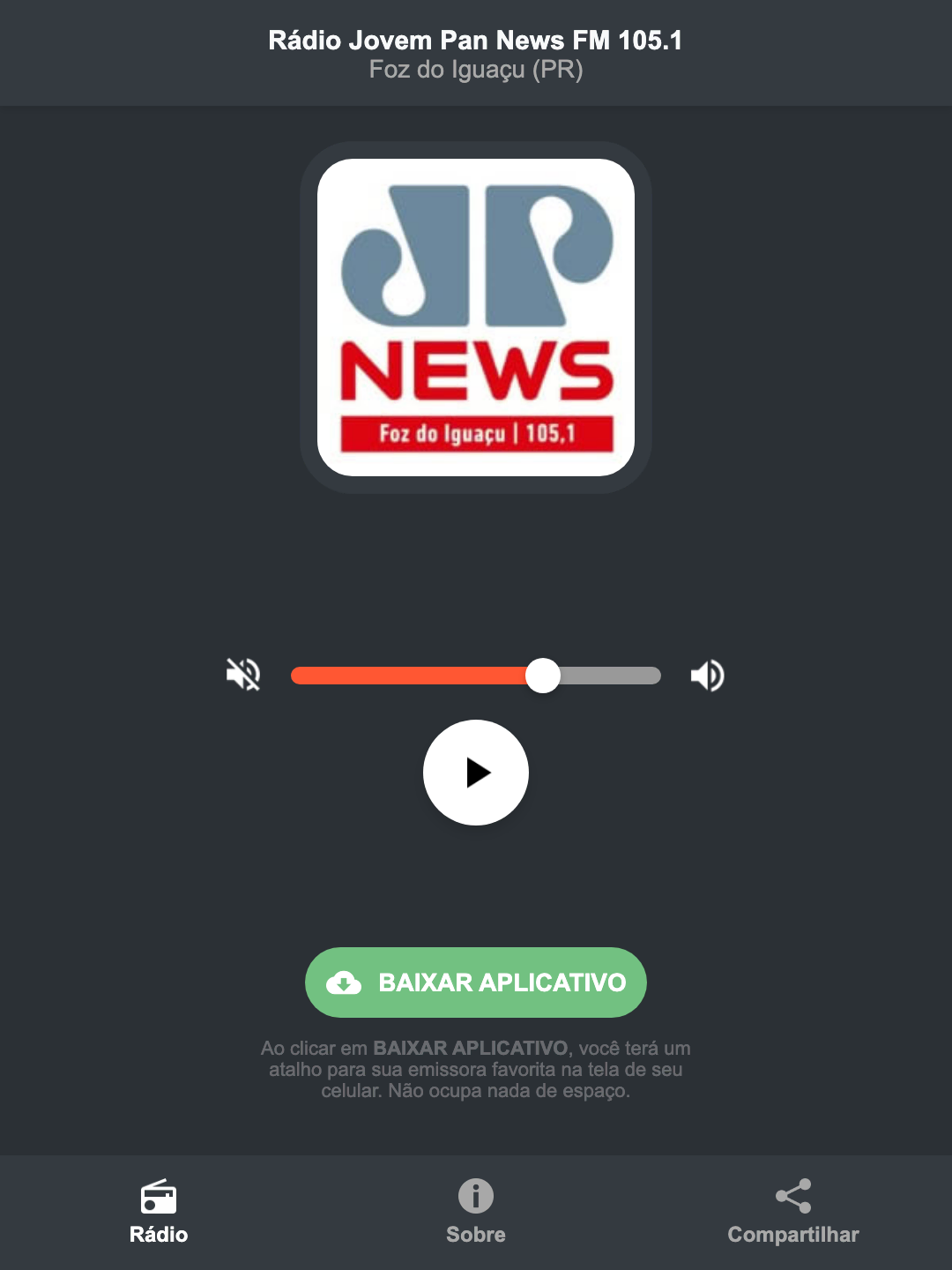 Screenshot do aplicativo da Rádio Jovem Pan News FM 105.1