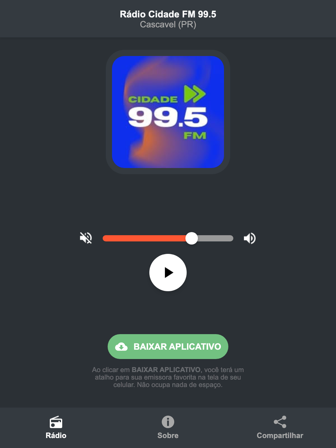 Screenshot do aplicativo da Rádio Cidade FM 99.5