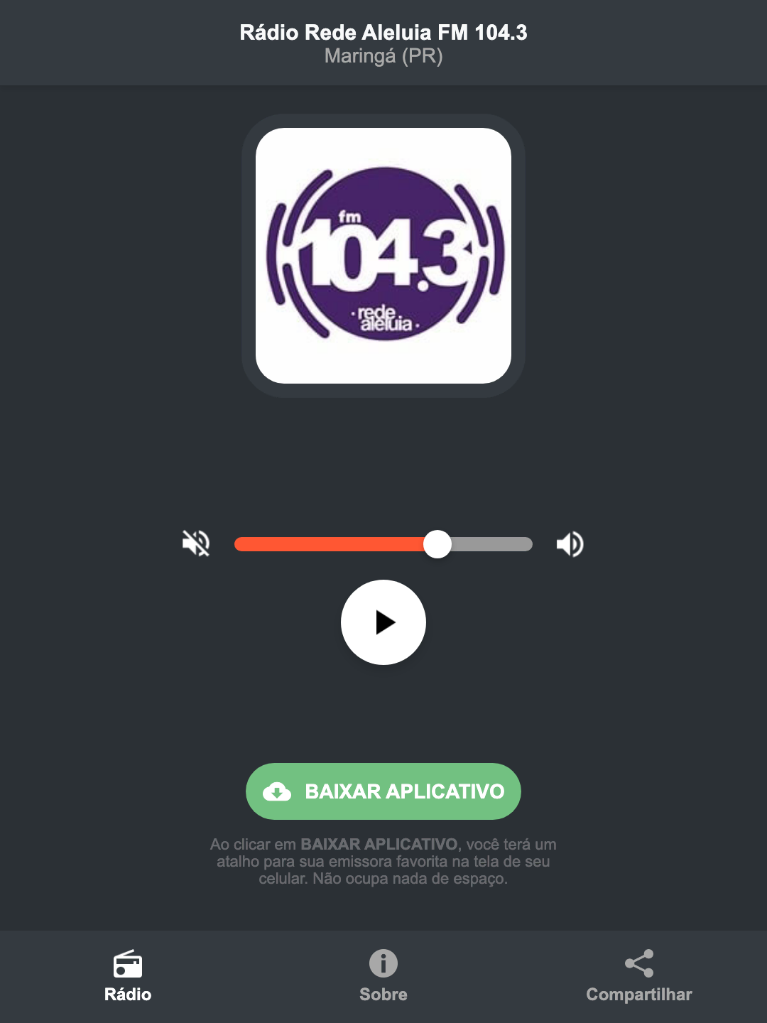 Screenshot do aplicativo da Rádio Rede Aleluia FM 104.3