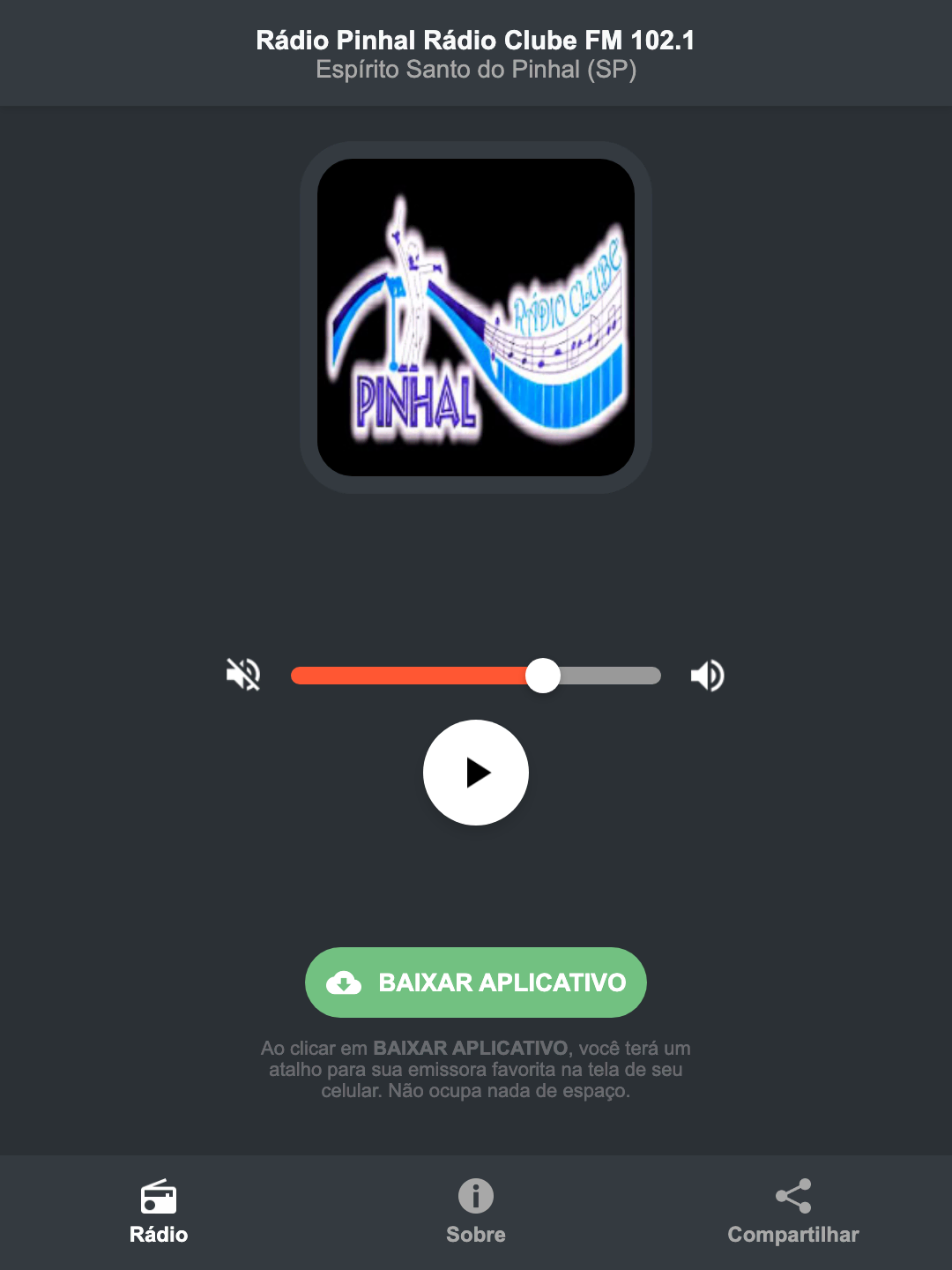 Screenshot do aplicativo da Rádio Pinhal Rádio Clube FM 102.1