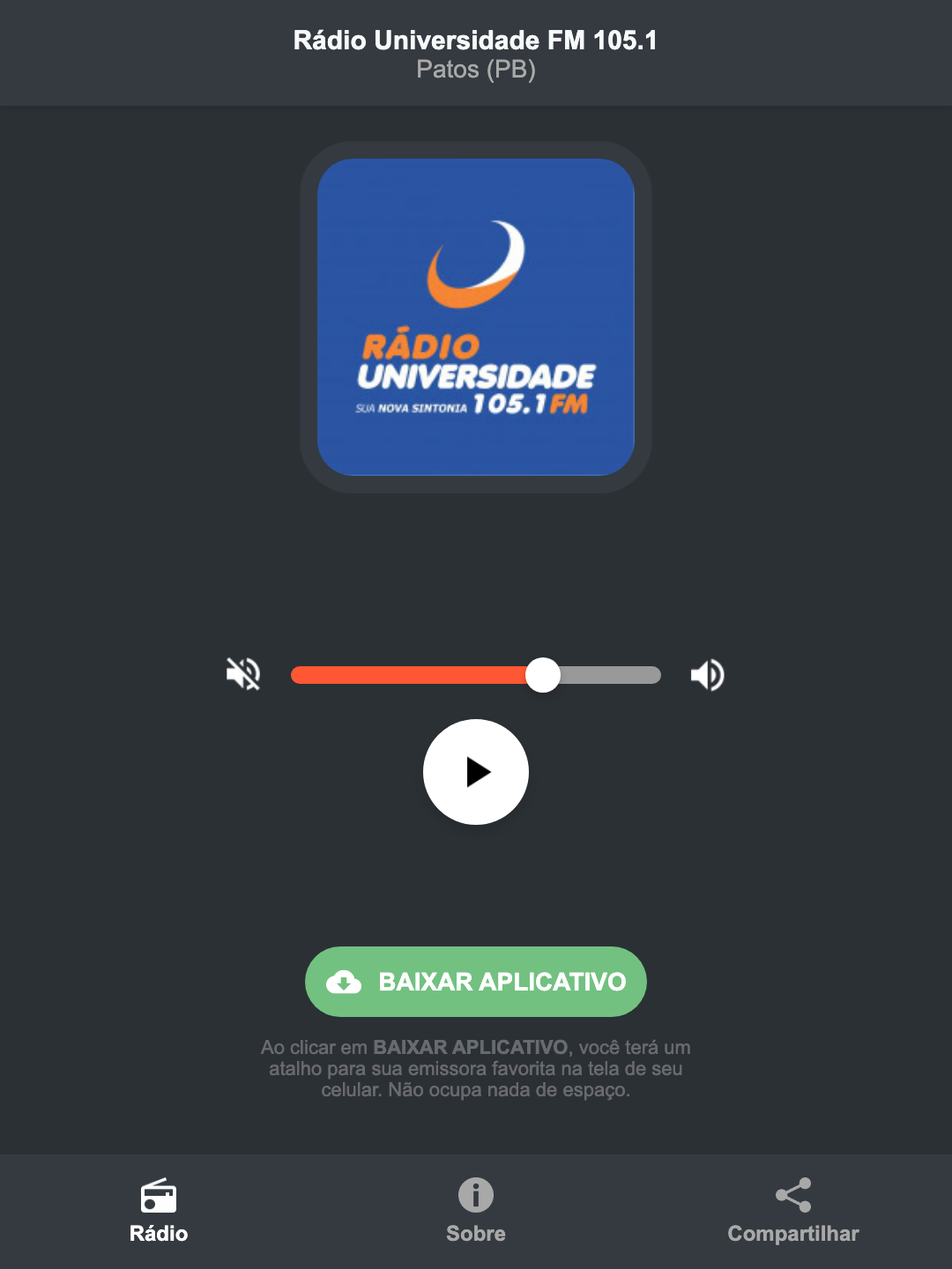 Screenshot do aplicativo da Rádio Universidade FM 105.1
