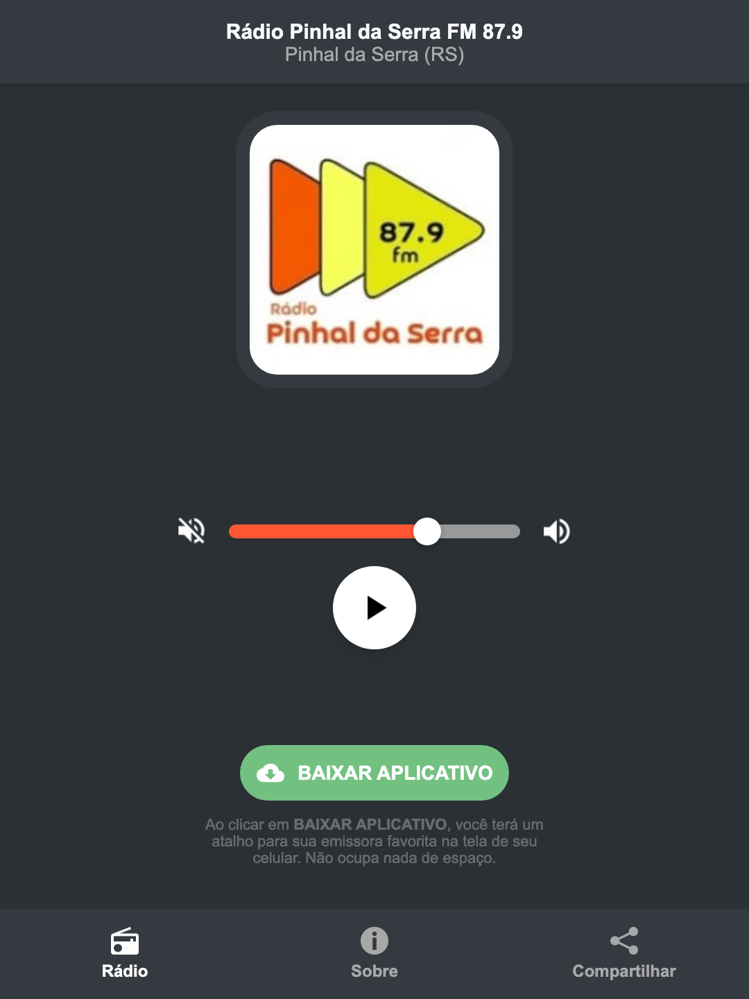 Screenshot do aplicativo da Rádio Pinhal da Serra FM 87.9