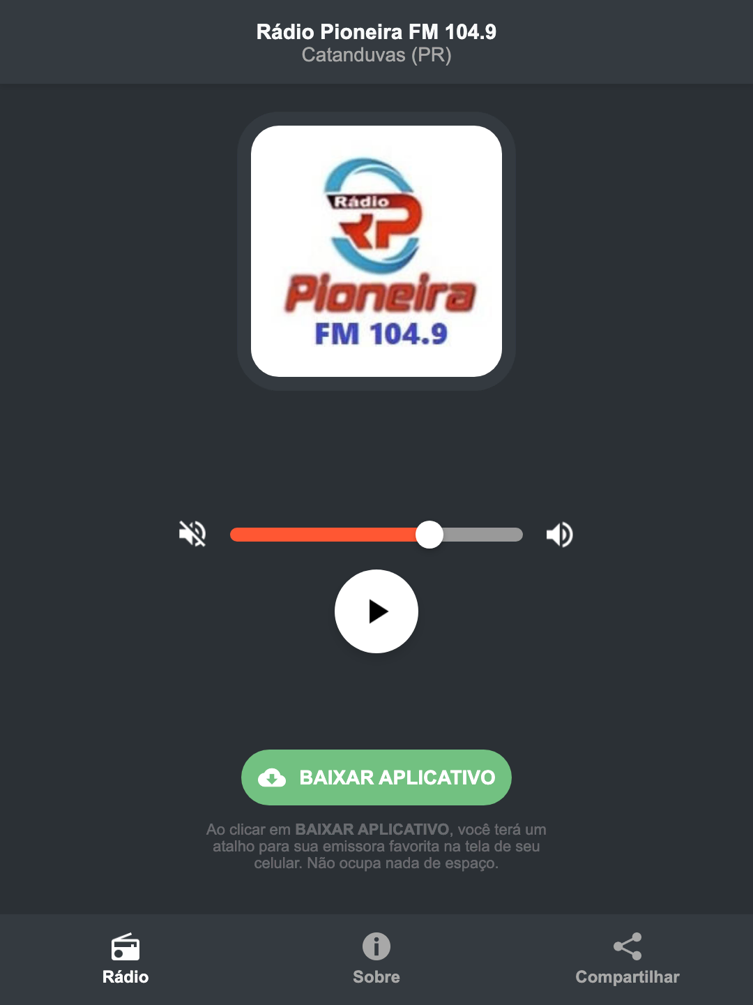 Screenshot do aplicativo da Rádio Pioneira FM 104.9