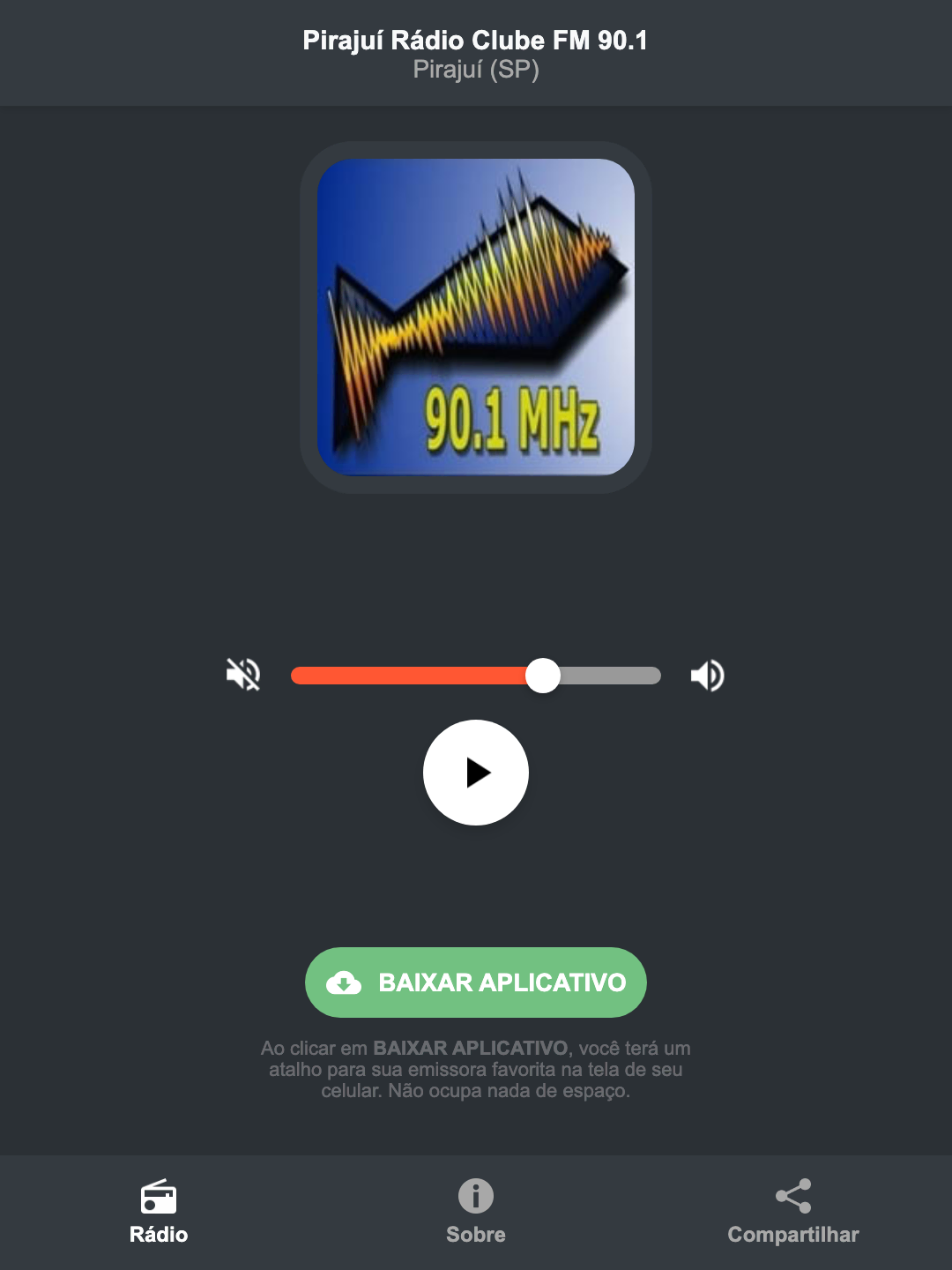 Screenshot do aplicativo da Pirajuí Rádio Clube FM 90.1