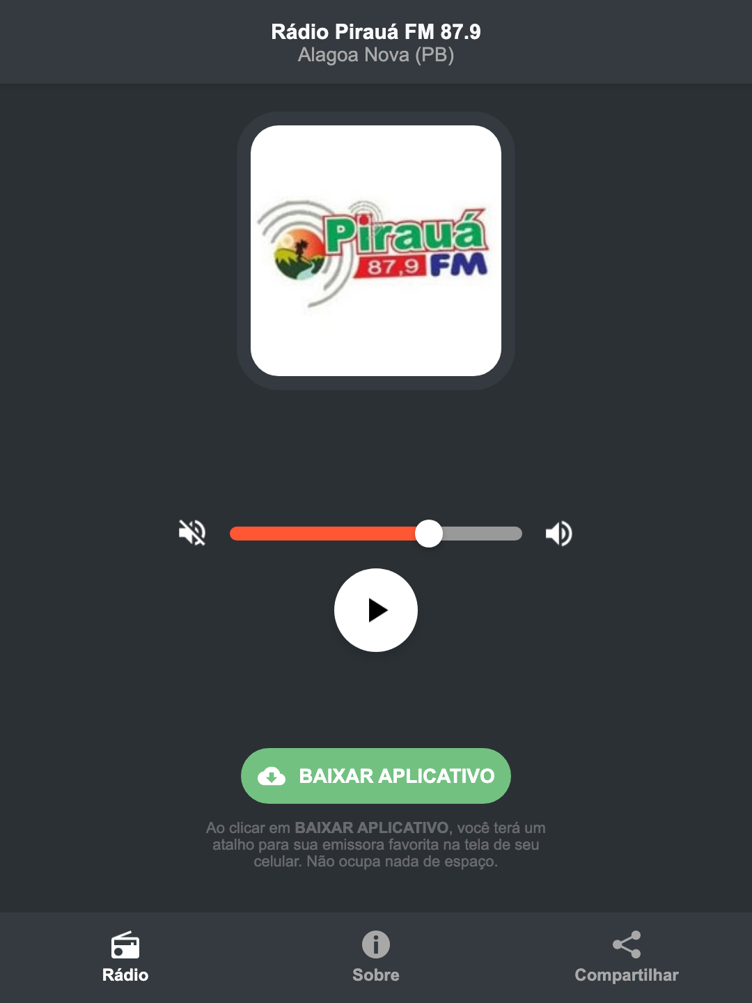 Screenshot do aplicativo da Rádio Pirauá FM 87.9