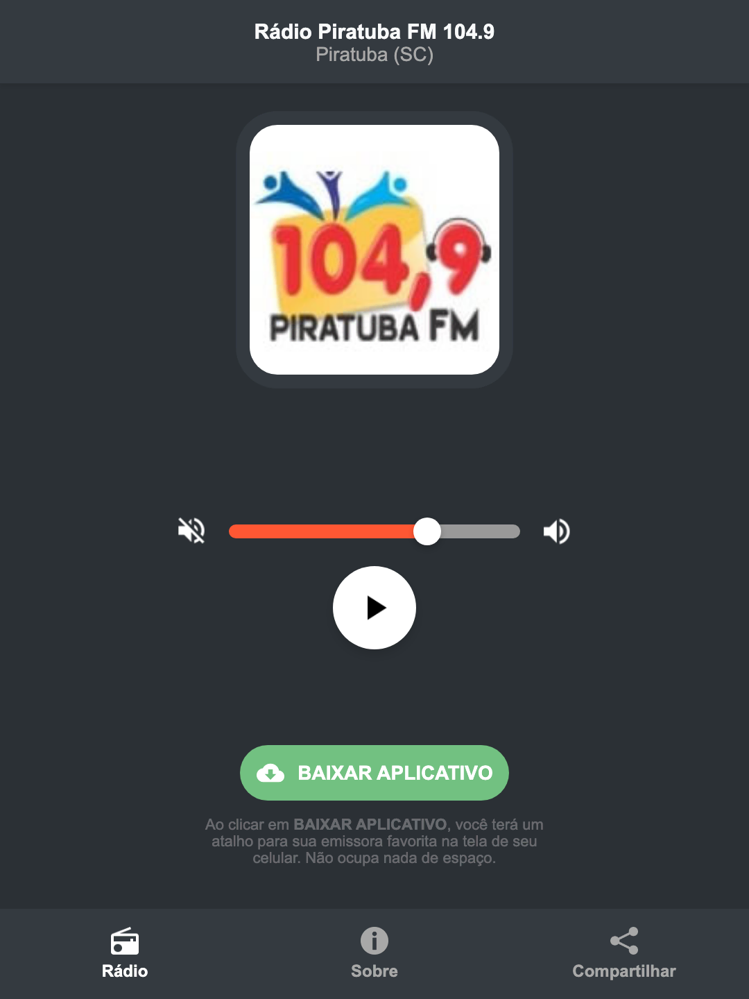 Screenshot do aplicativo da Rádio Piratuba FM 104.9