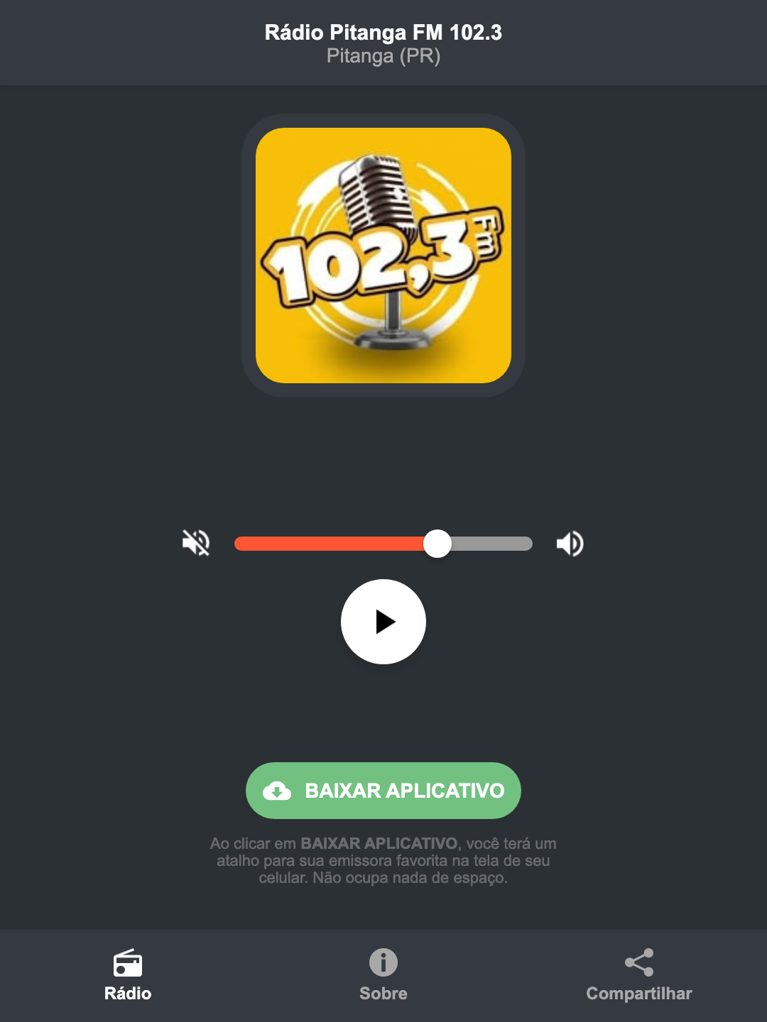 Screenshot do aplicativo da Rádio Pitanga FM 102.3