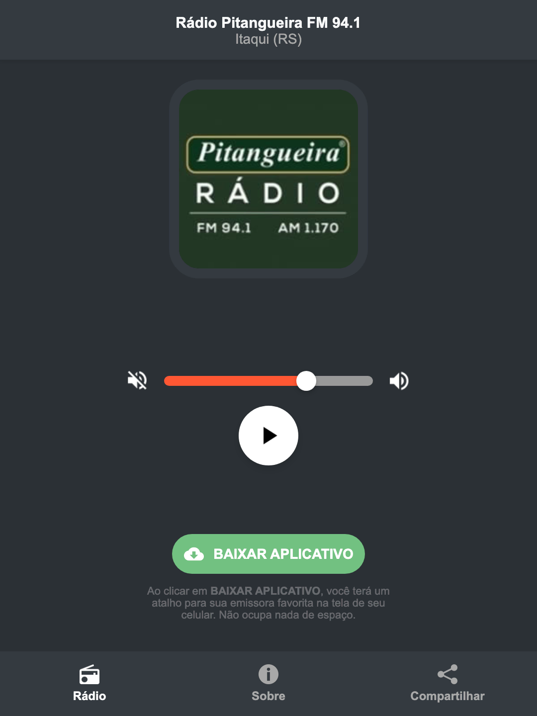 Screenshot do aplicativo da Rádio Pitangueira FM 94.1