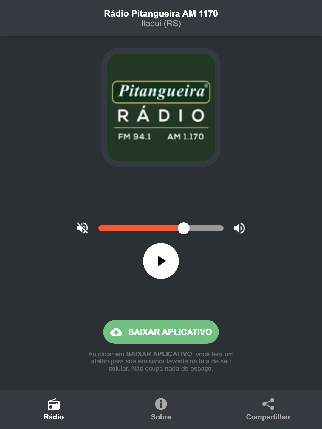 Screenshot do aplicativo da Rádio Pitangueira AM 1170