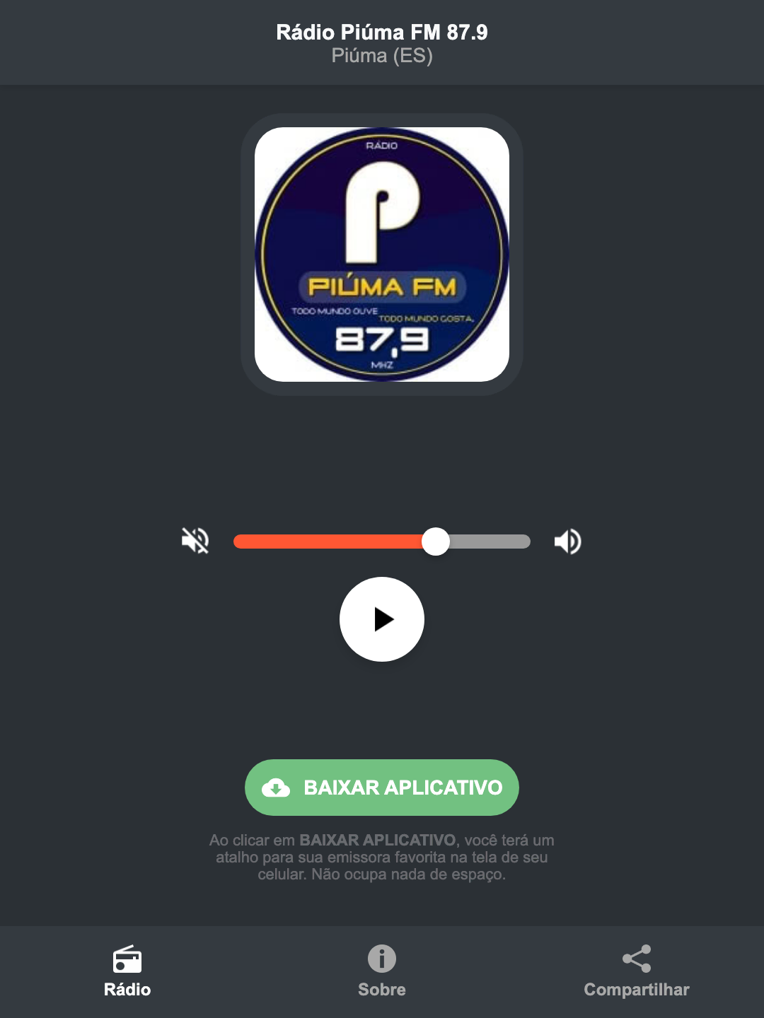Screenshot do aplicativo da Rádio Piúma FM 87.9
