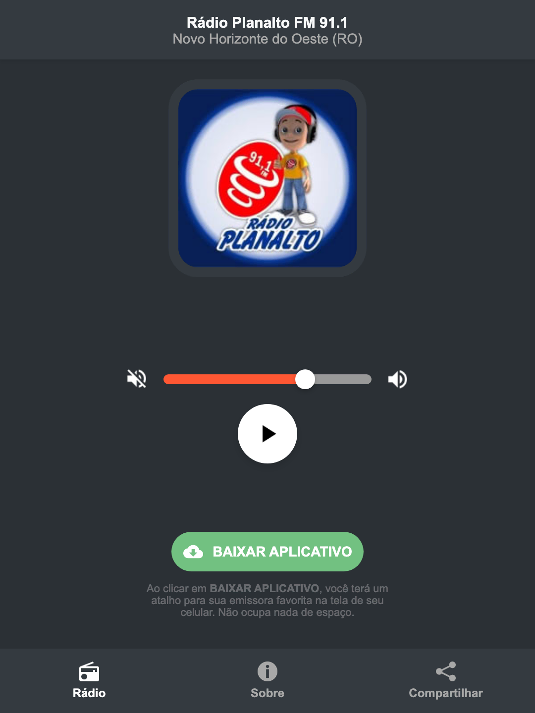 Screenshot do aplicativo da Rádio Planalto FM 91.1