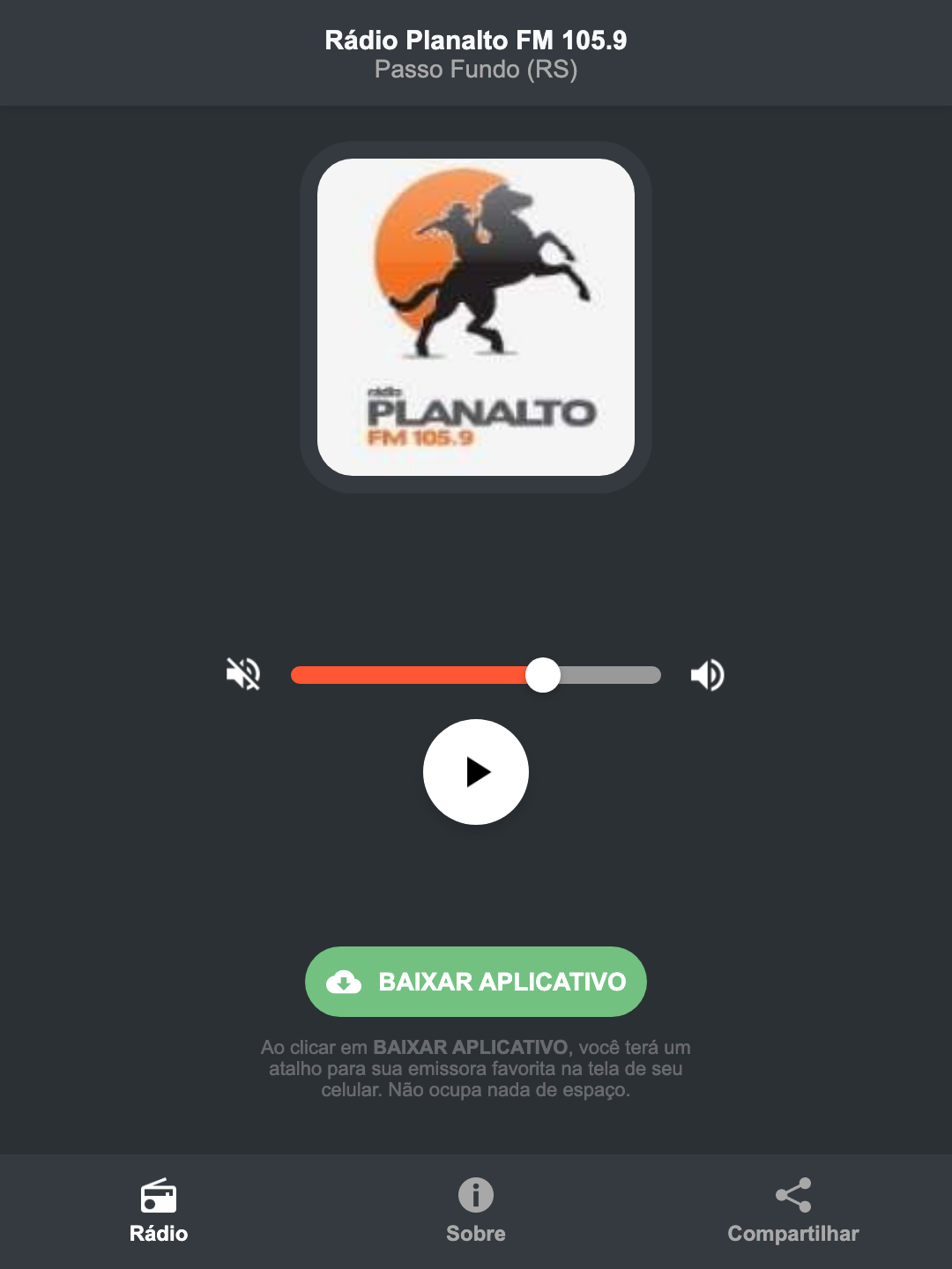 Screenshot do aplicativo da Rádio Planalto FM 105.9