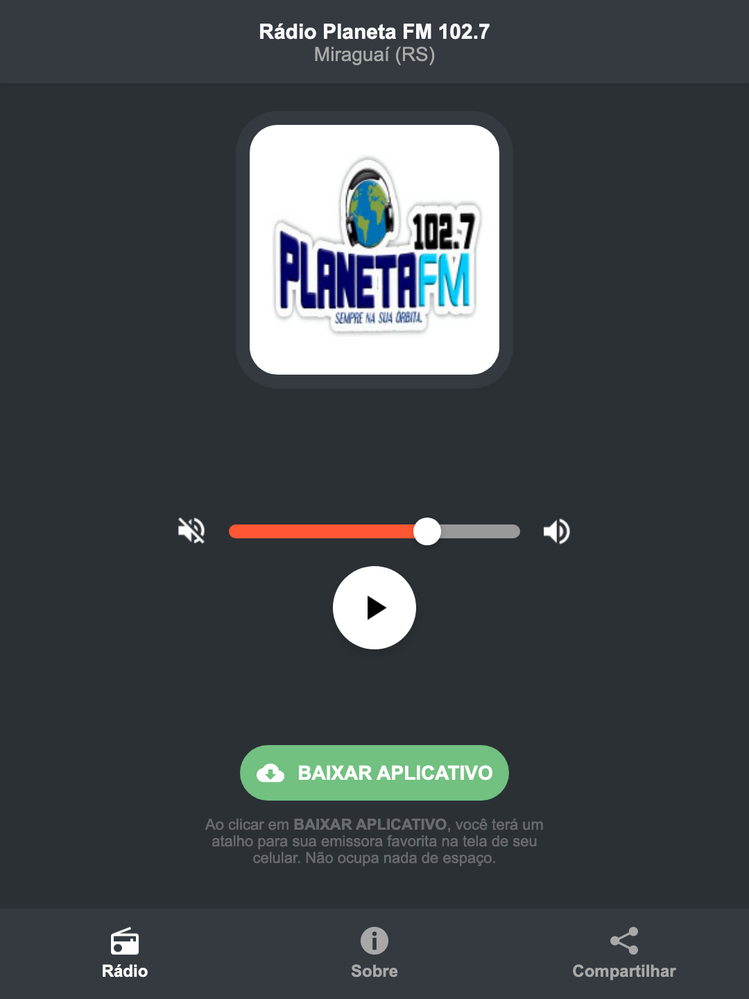 Screenshot do aplicativo da Rádio Planeta FM 102.7
