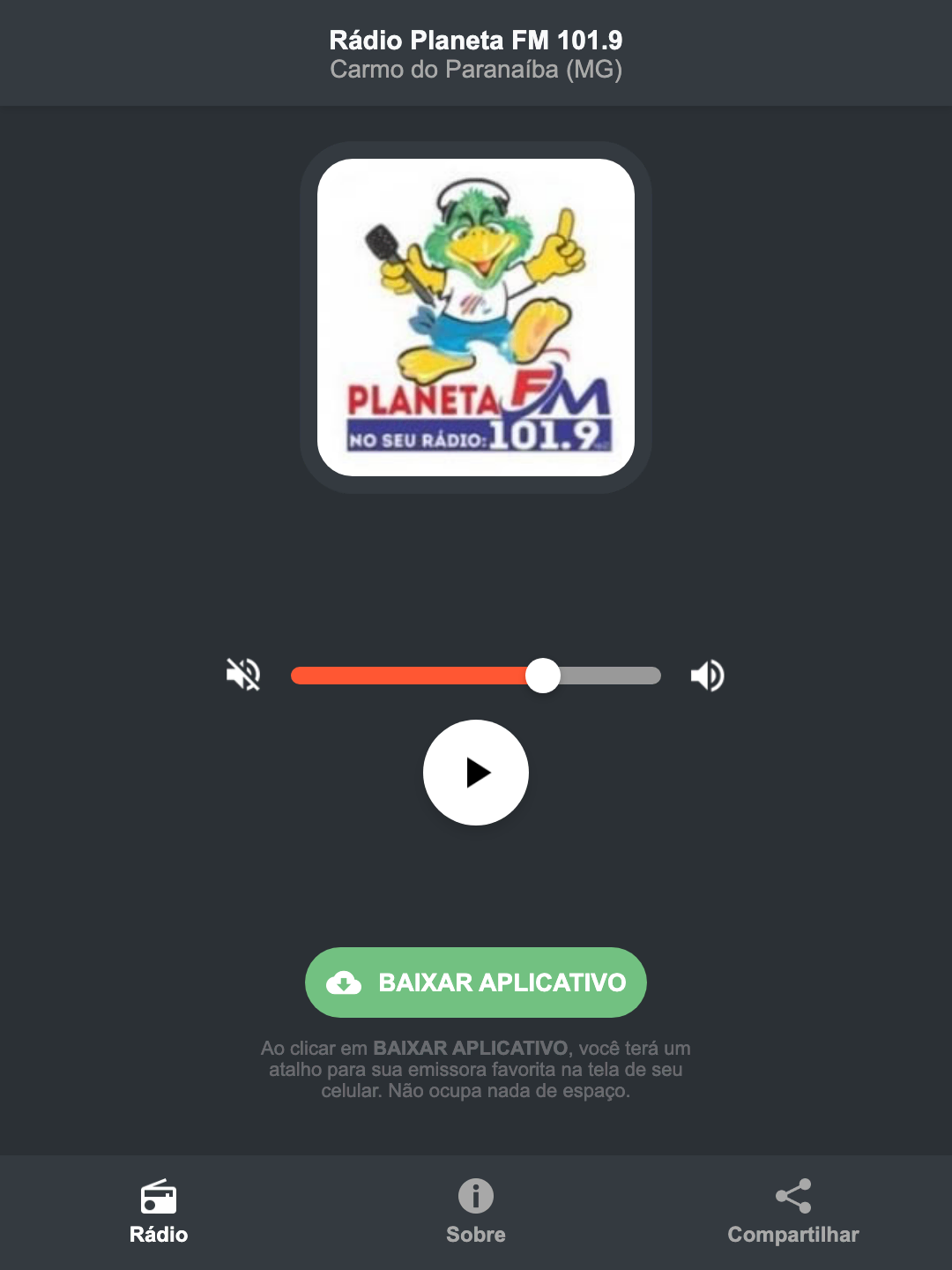Screenshot do aplicativo da Rádio Planeta FM 101.9