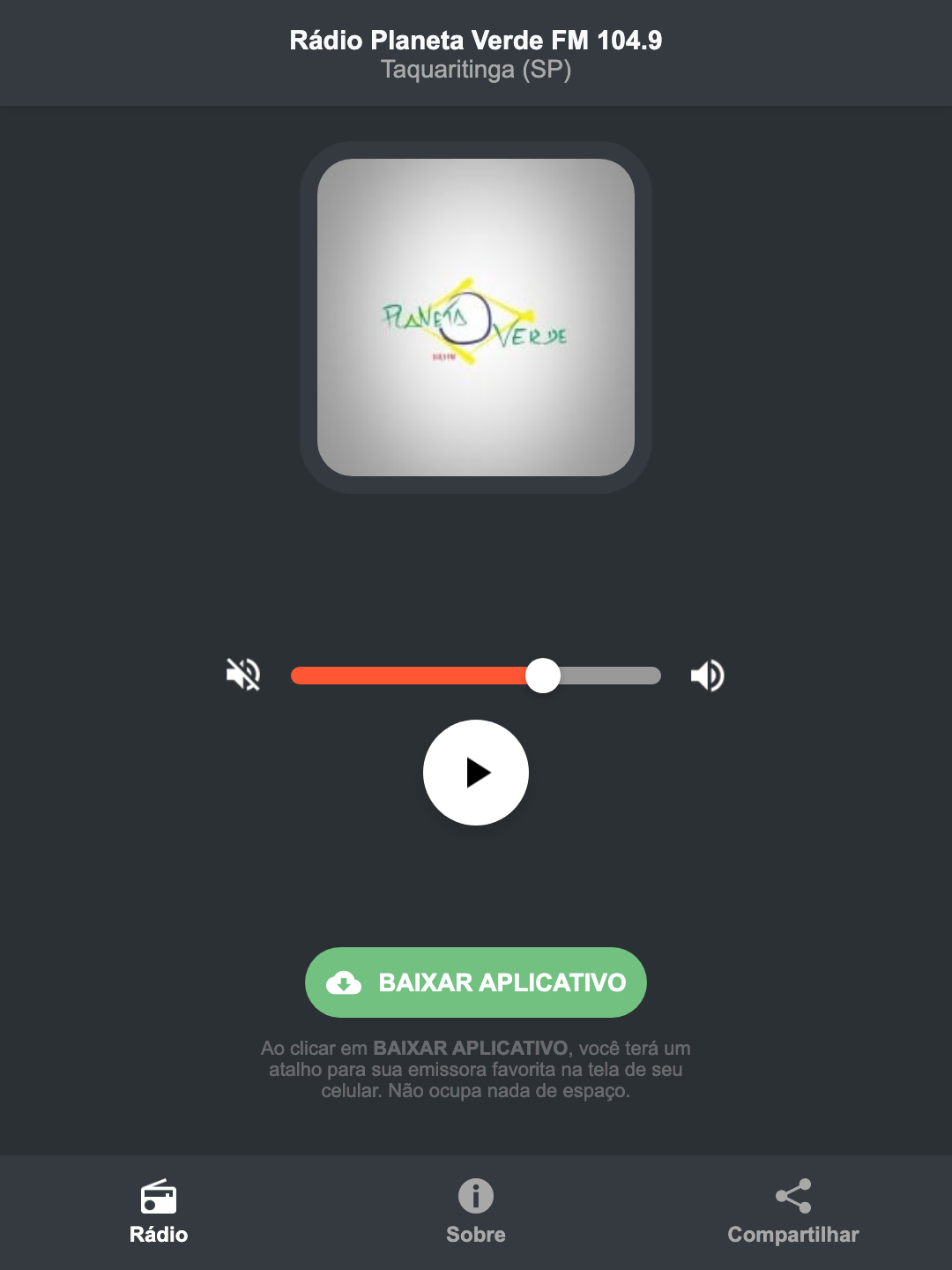 Screenshot do aplicativo da Rádio Planeta Verde FM 104.9
