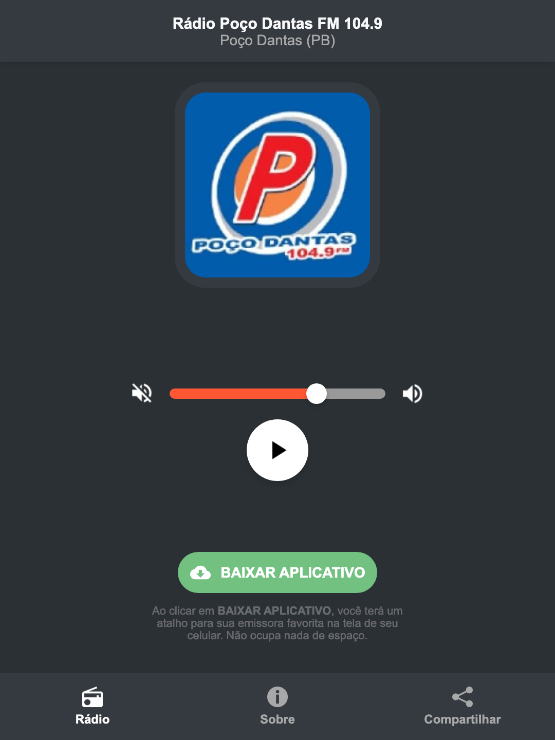 Screenshot do aplicativo da Rádio Poço Dantas FM 104.9
