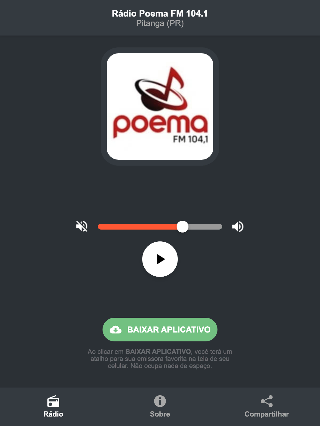 Screenshot do aplicativo da Rádio Poema FM 104.1