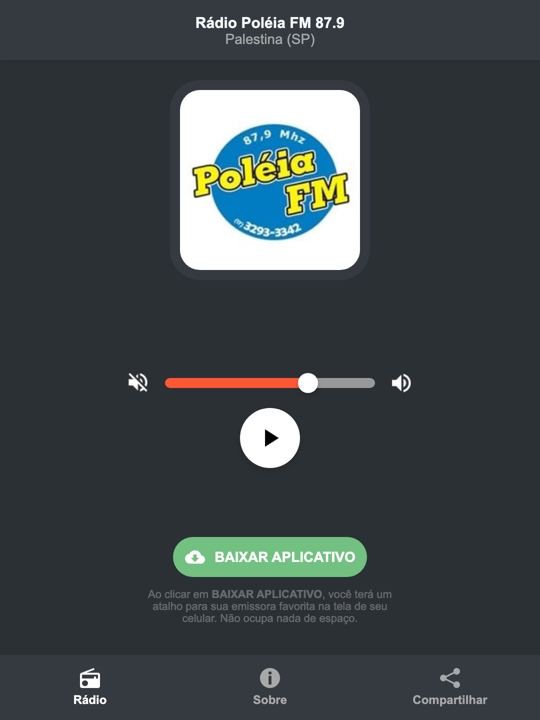 Screenshot do aplicativo da Rádio Poléia FM 87.9