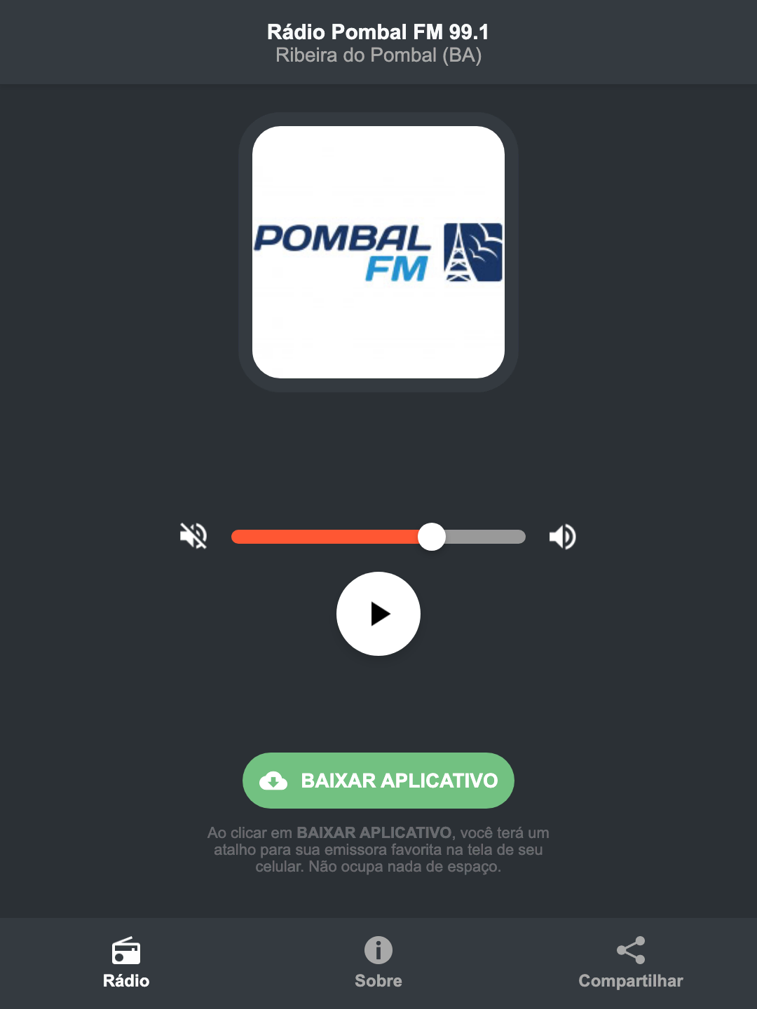 Screenshot do aplicativo da Rádio Pombal FM 99.1