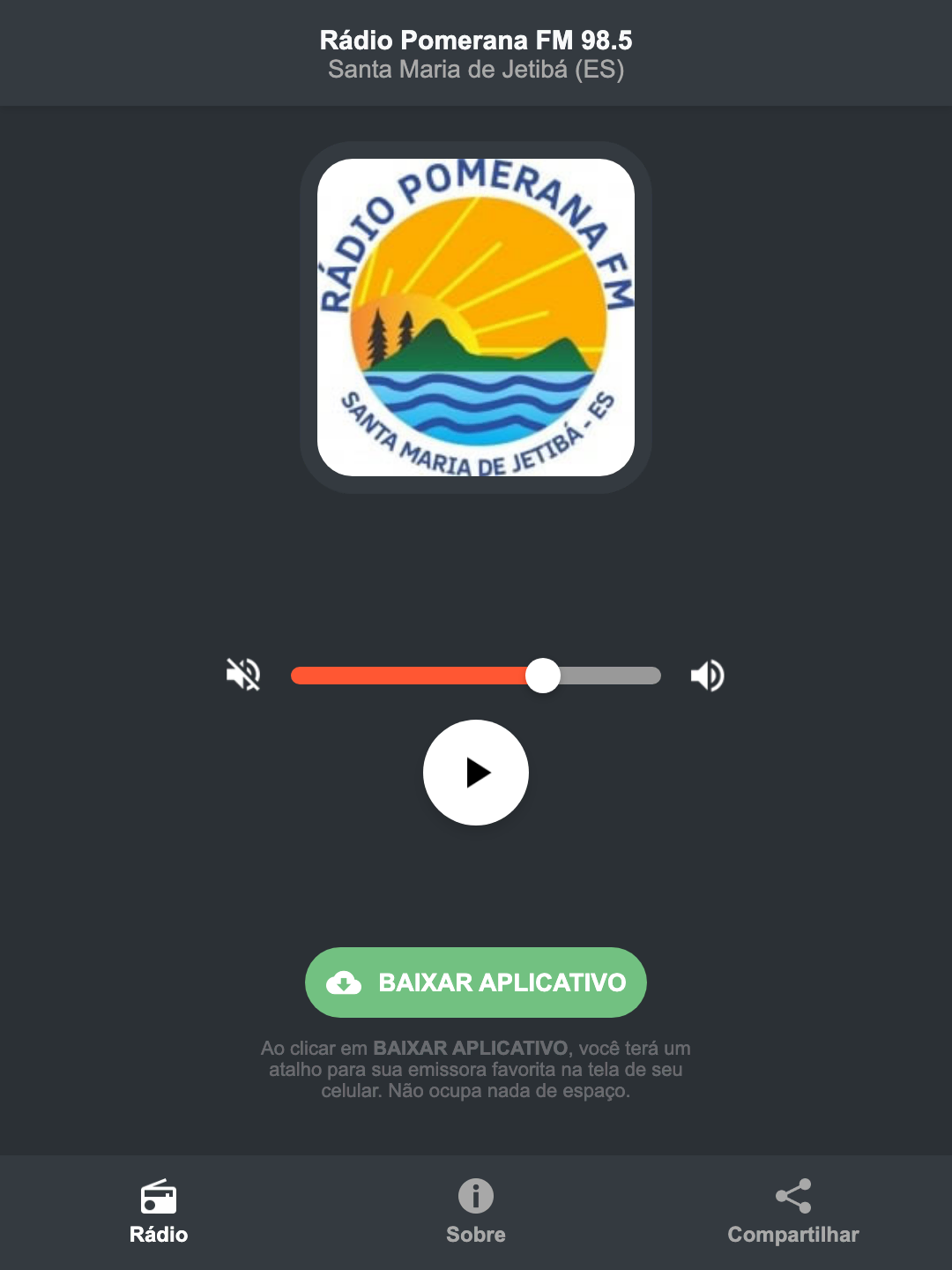 Screenshot do aplicativo da Rádio Pomerana FM 98.5