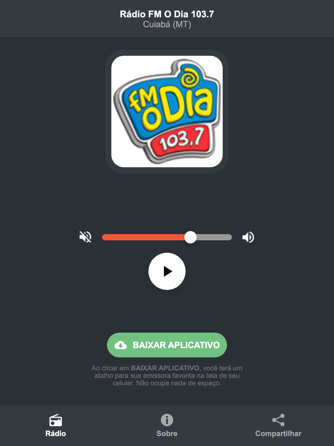 Screenshot do aplicativo da Rádio FM O Dia 103.7