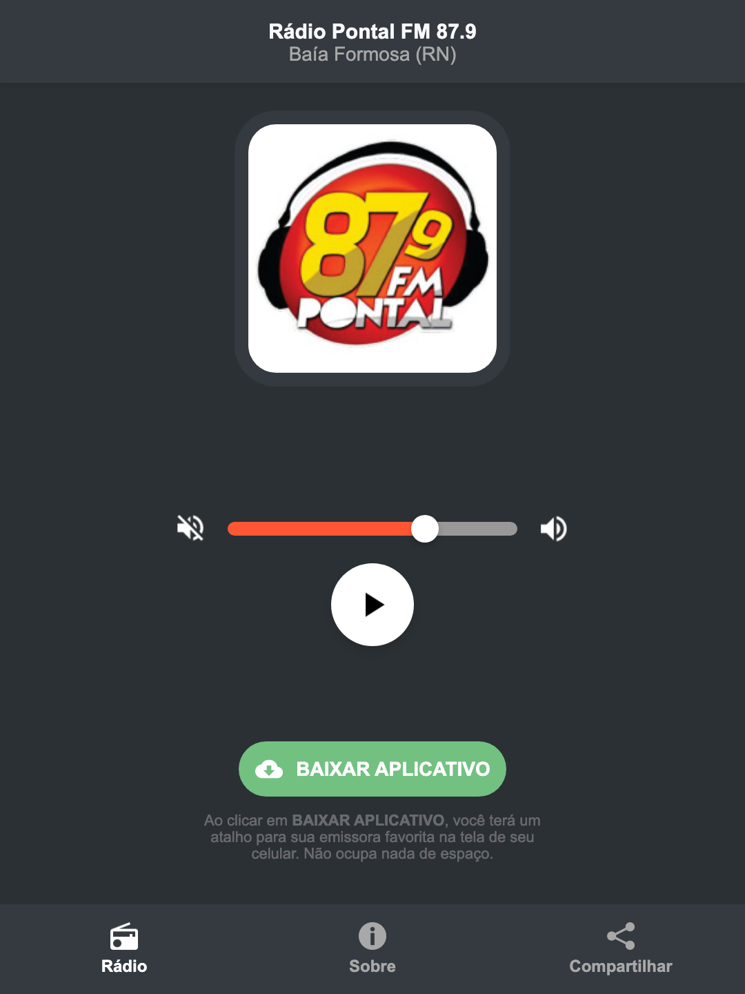 Screenshot do aplicativo da Rádio Pontal FM 87.9