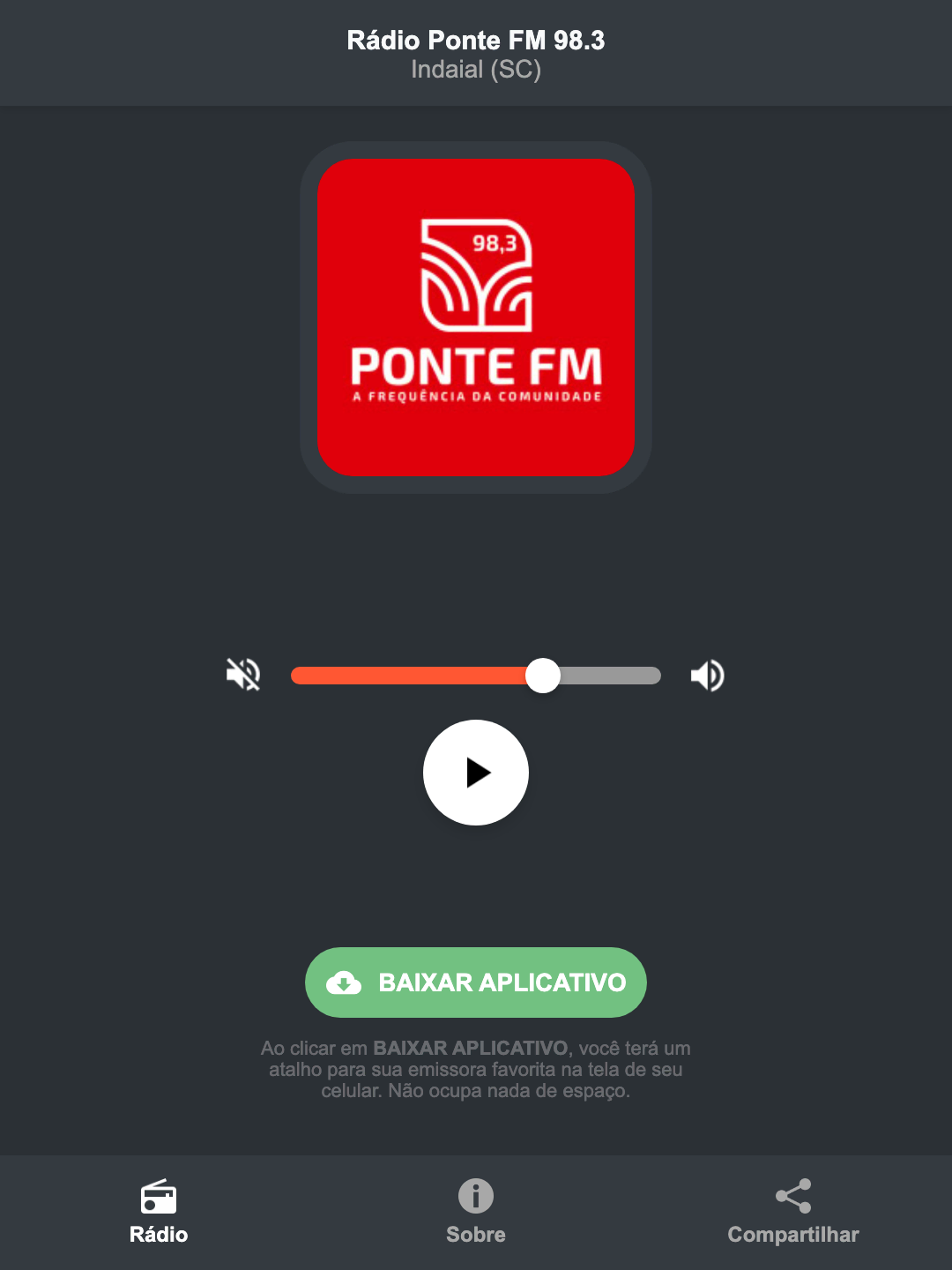 Screenshot do aplicativo da Rádio Ponte FM 98.3