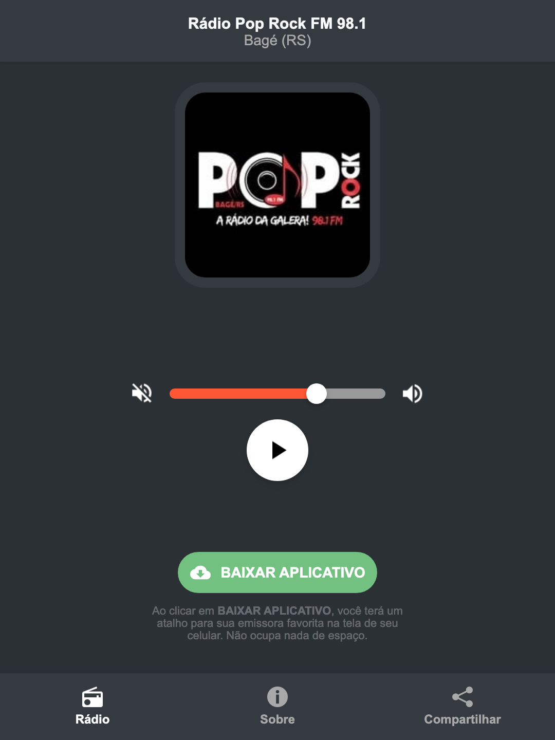 Screenshot do aplicativo da Rádio Pop Rock FM 98.1
