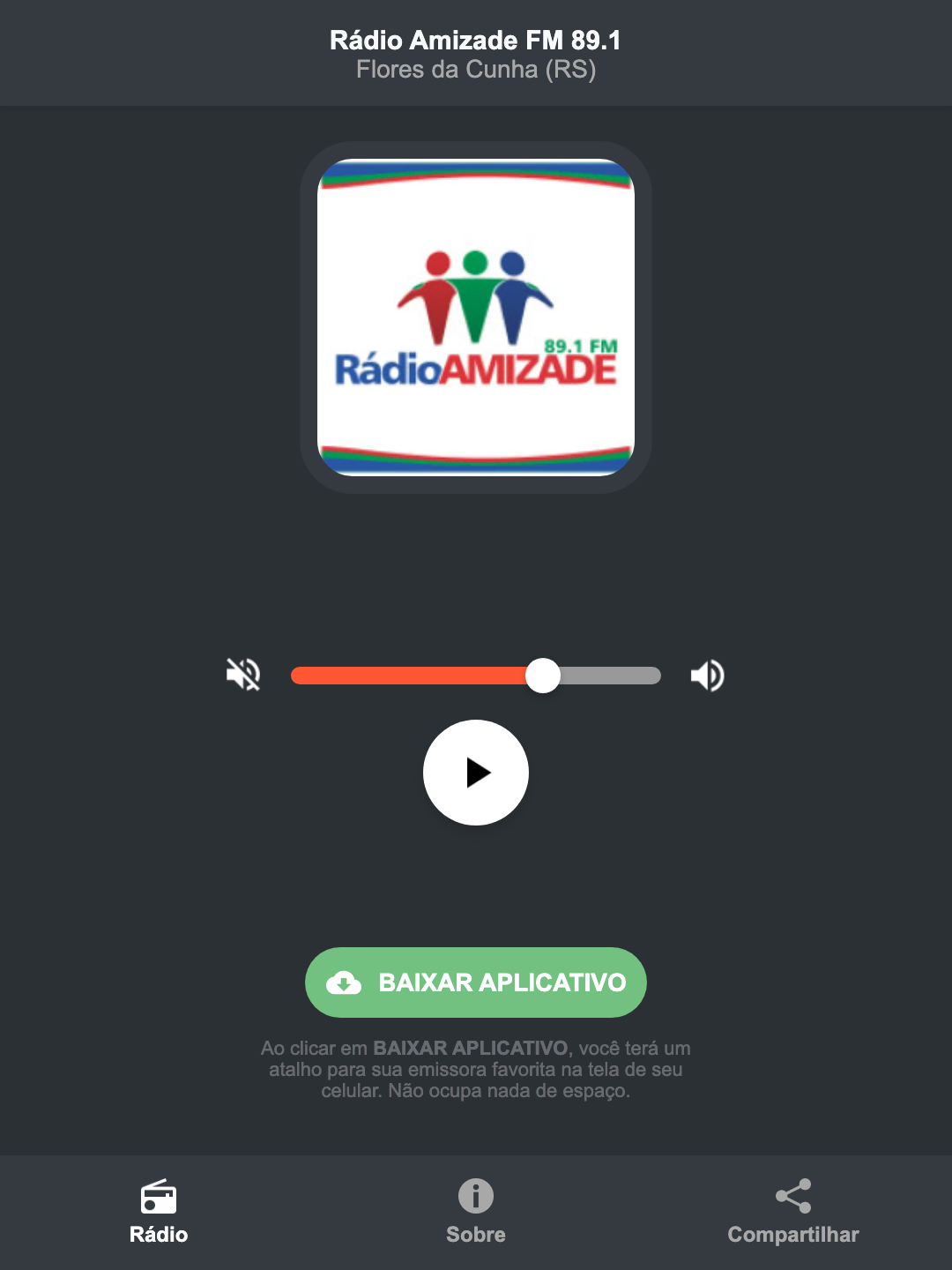 Screenshot do aplicativo da Rádio Amizade FM 89.1