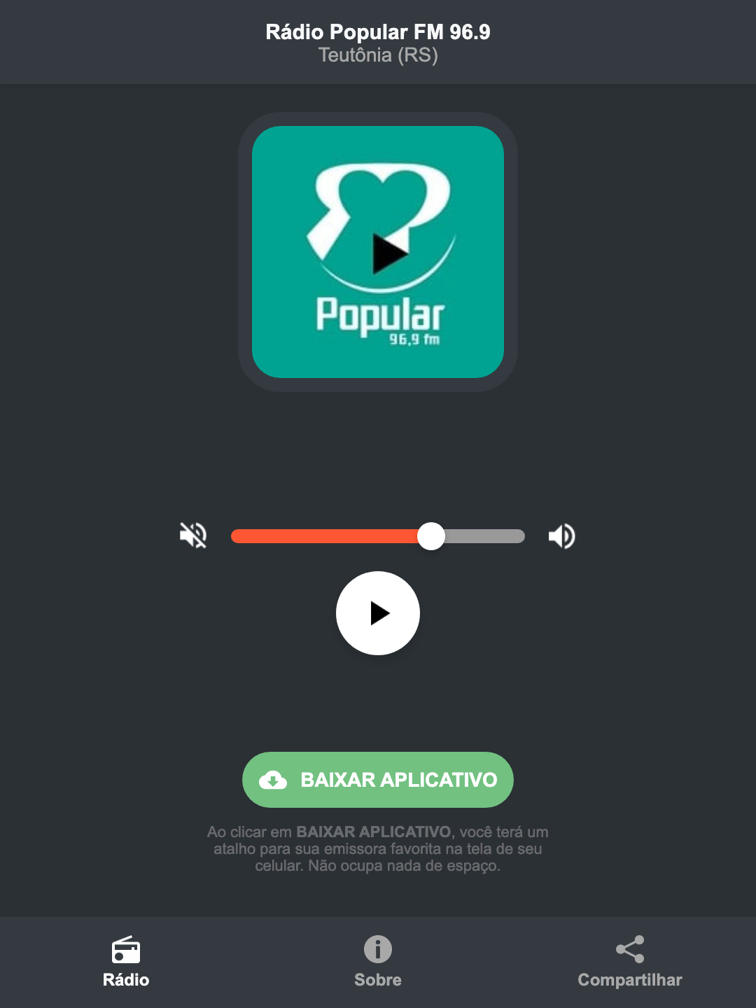 Screenshot do aplicativo da Rádio Popular FM 96.9