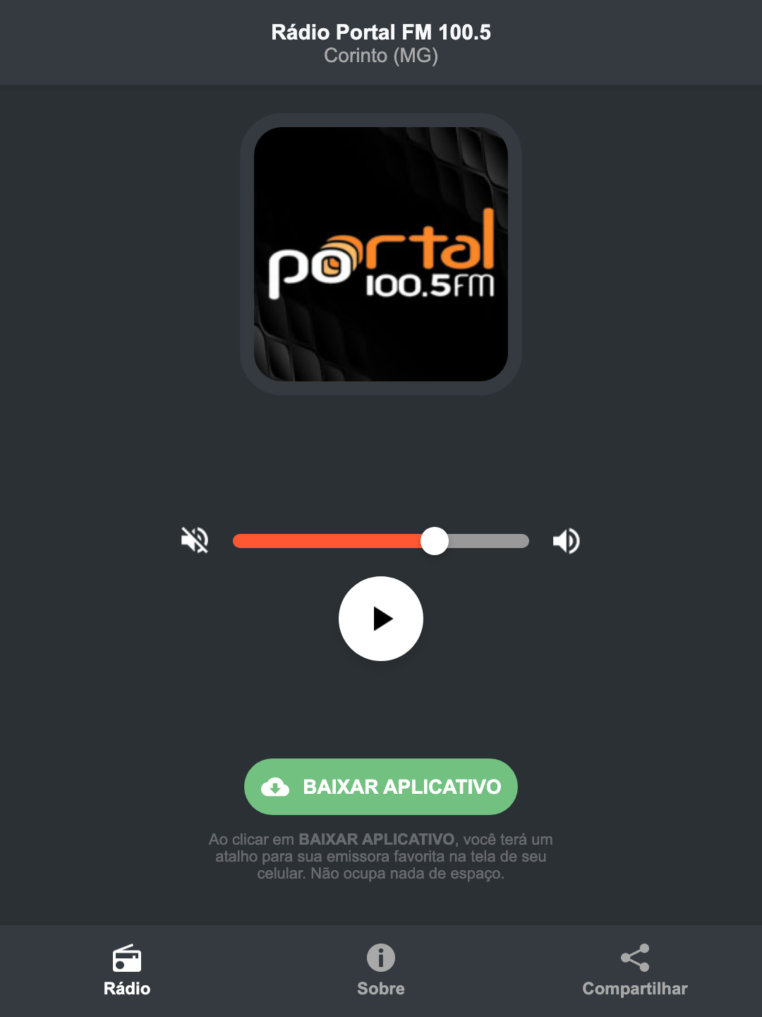 Screenshot do aplicativo da Rádio Portal FM 100.5
