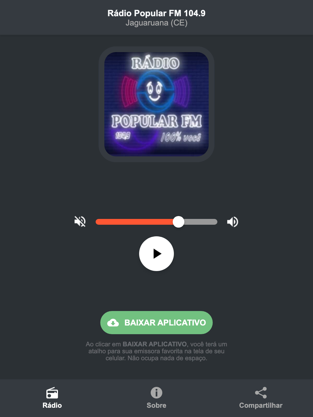 Screenshot do aplicativo da Rádio Popular FM 104.9