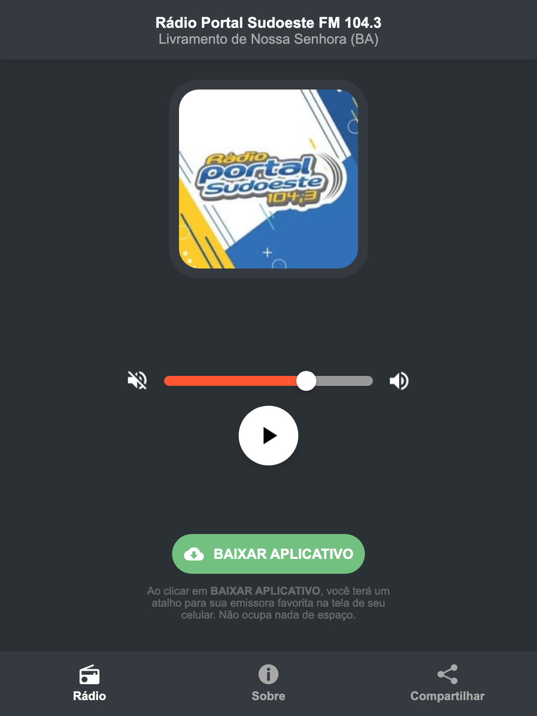 Screenshot do aplicativo da Rádio Portal Sudoeste FM 104.3