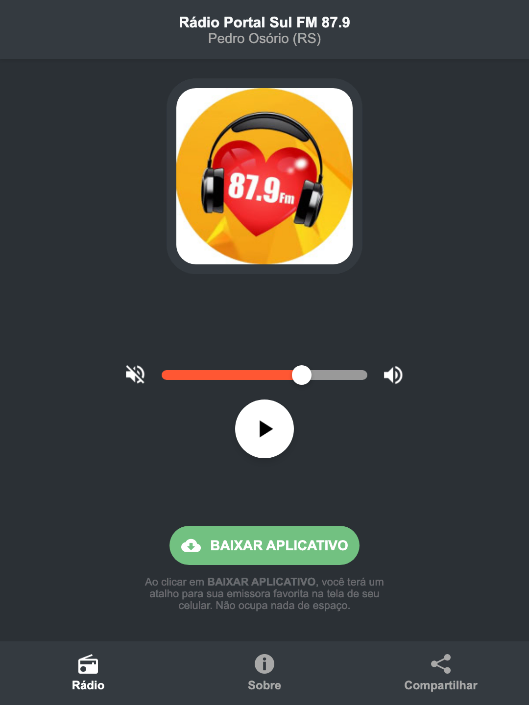 Screenshot do aplicativo da Rádio Portal Sul FM 87.9