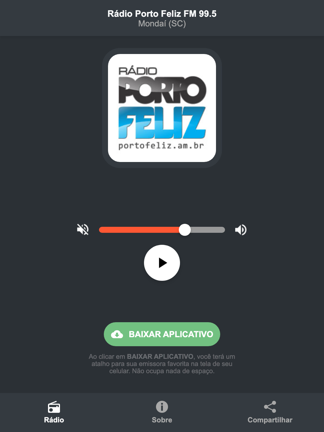 Screenshot do aplicativo da Rádio Porto Feliz FM 99.5