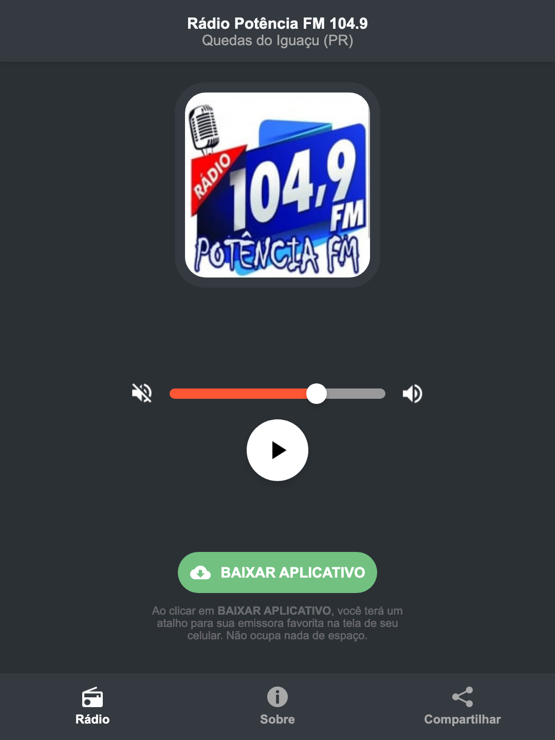 Screenshot do aplicativo da Rádio Potência FM 104.9