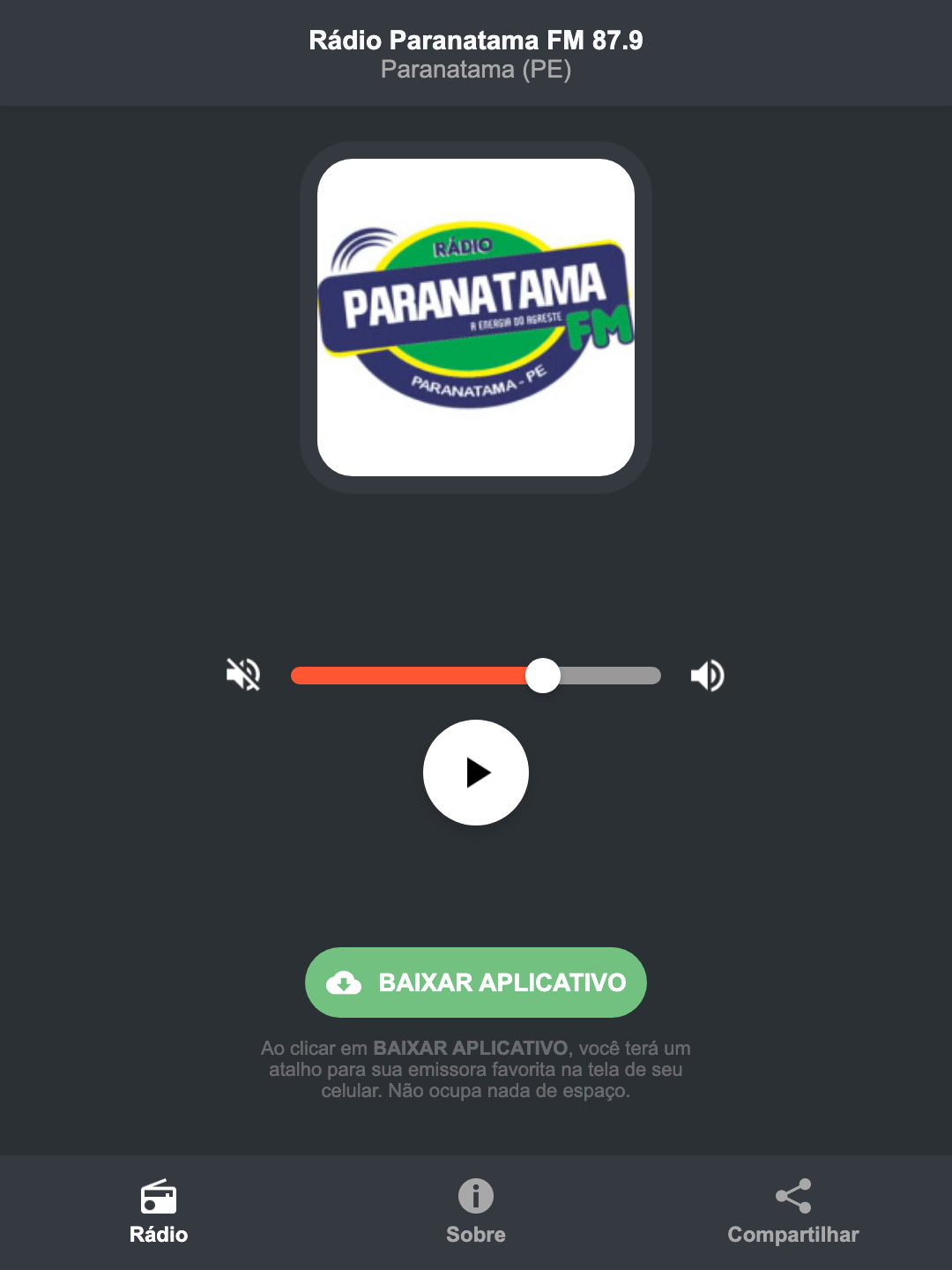 Screenshot do aplicativo da Rádio Paranatama FM 87.9
