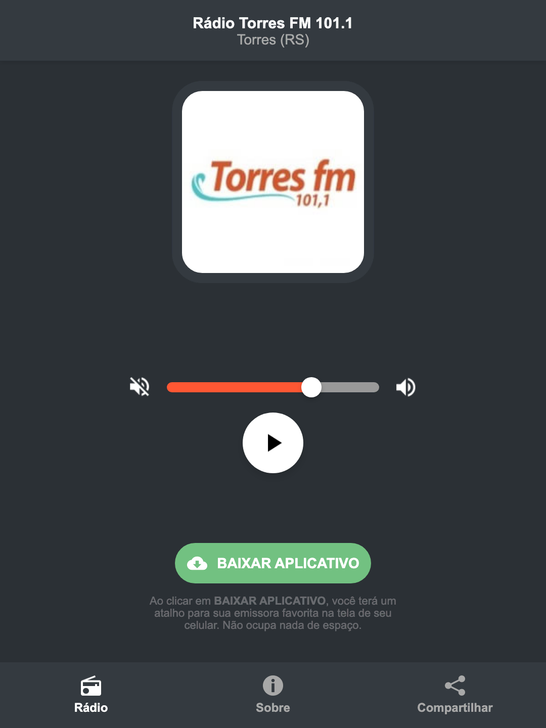 Screenshot do aplicativo da Rádio Torres FM 101.1