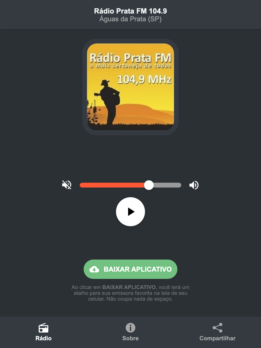 Screenshot do aplicativo da Rádio Prata FM 104.9