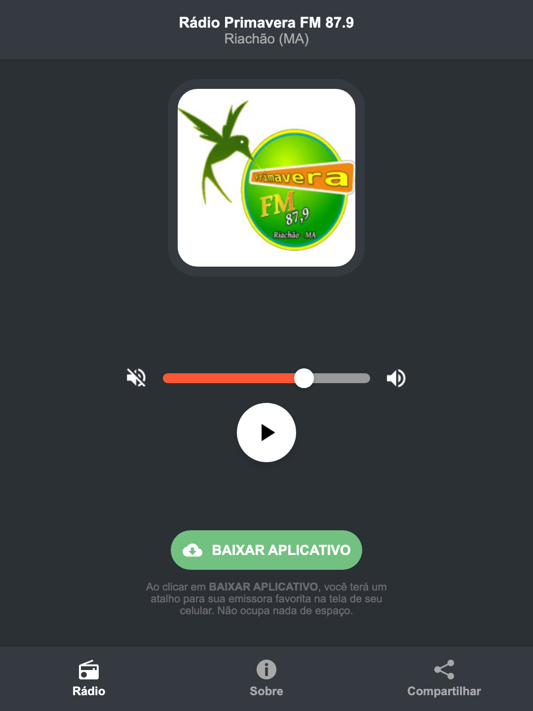 Screenshot do aplicativo da Rádio Primavera FM 87.9
