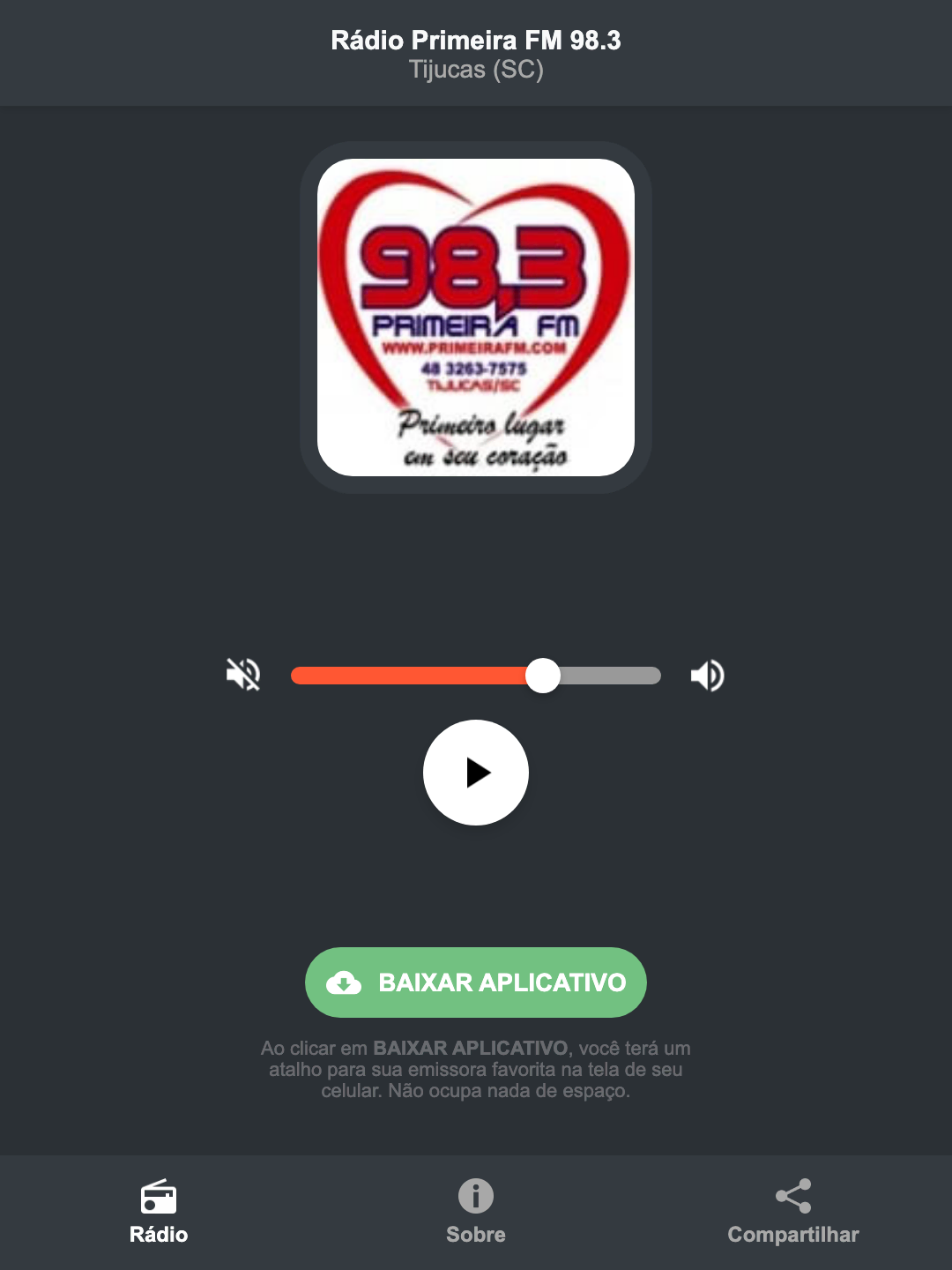 Screenshot do aplicativo da Rádio Primeira FM 98.3