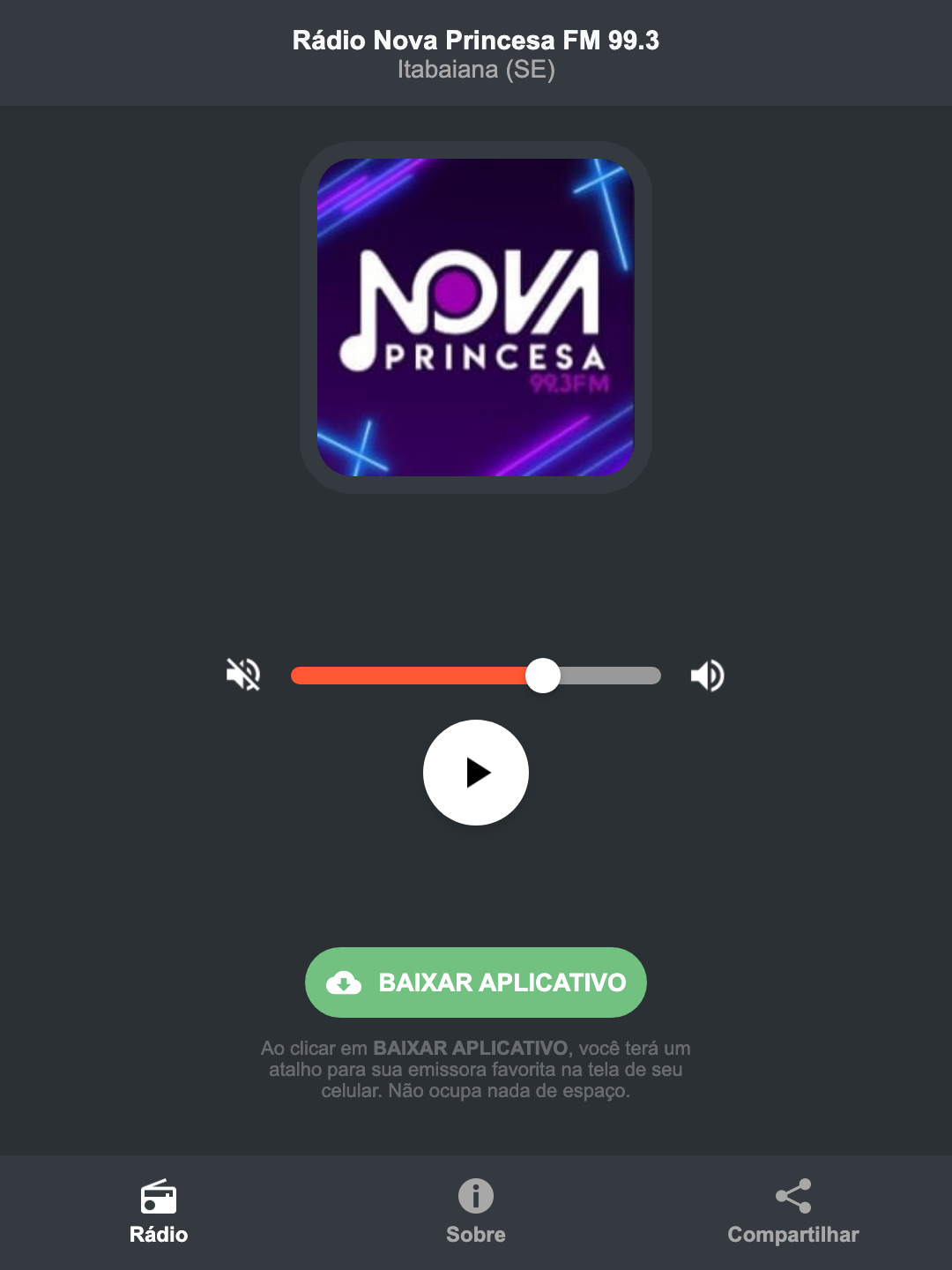 Screenshot do aplicativo da Rádio Nova Princesa FM 99.3