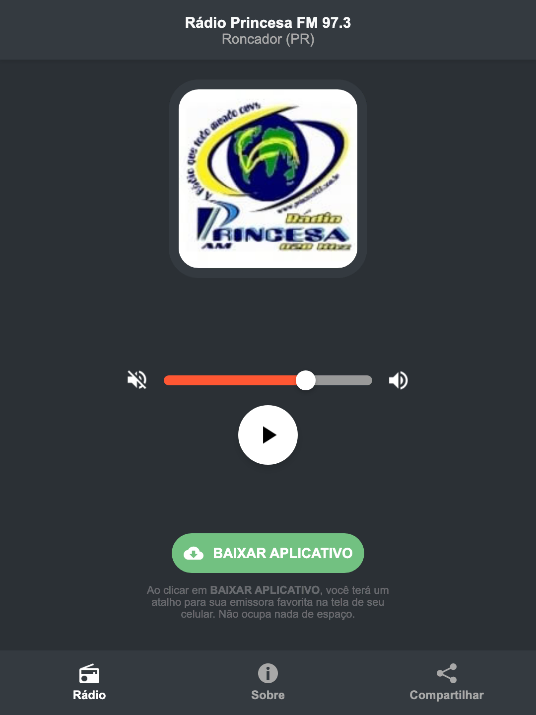 Screenshot do aplicativo da Rádio Princesa FM 97.3