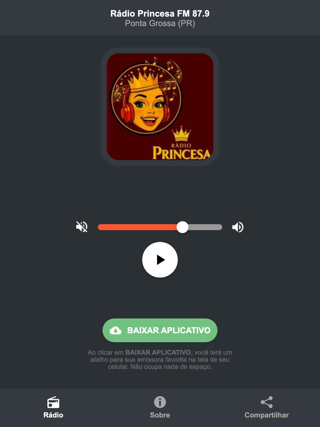 Screenshot do aplicativo da Rádio Princesa FM 87.9