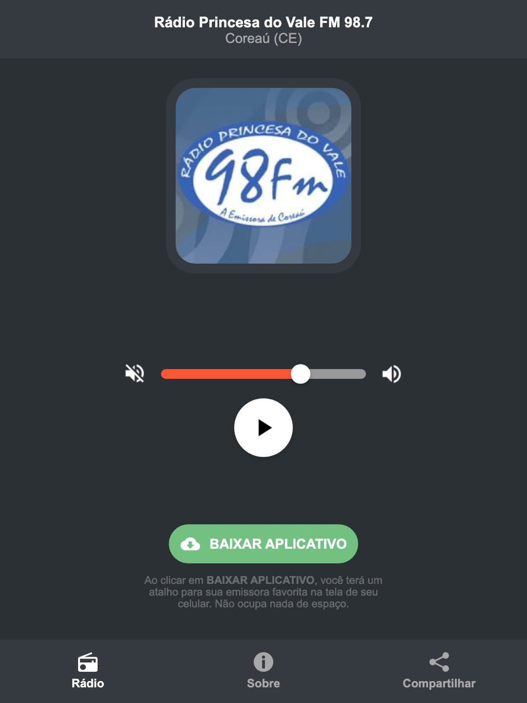 Screenshot do aplicativo da Rádio Princesa do Vale FM 98.7