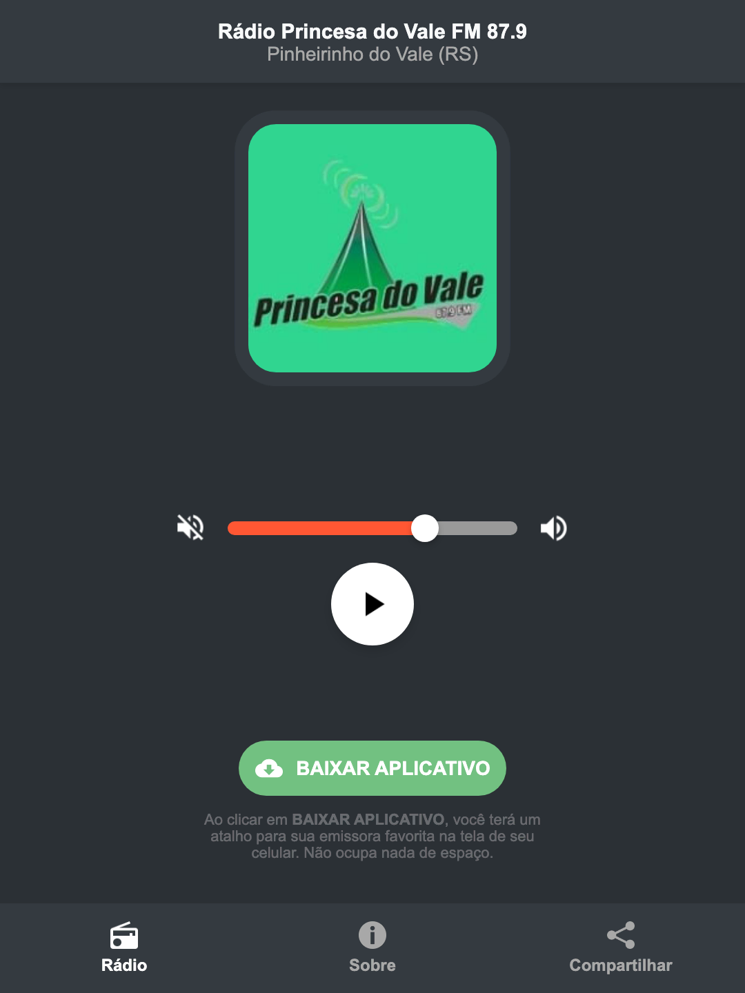 Screenshot do aplicativo da Rádio Princesa do Vale FM 87.9