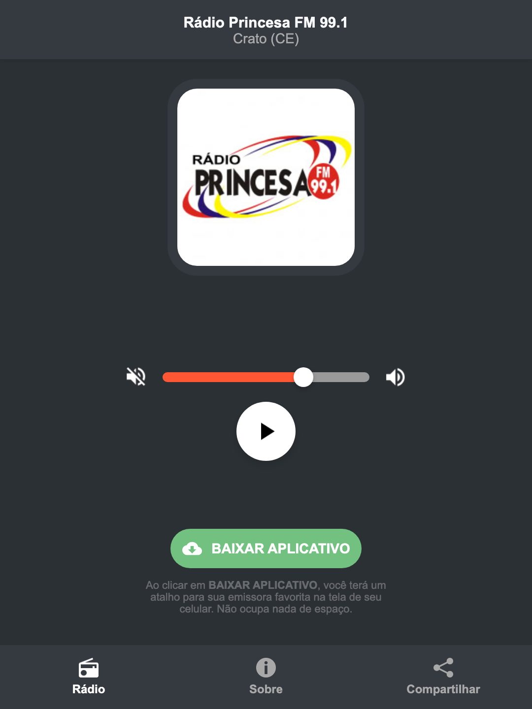 Screenshot do aplicativo da Rádio Princesa FM 99.1